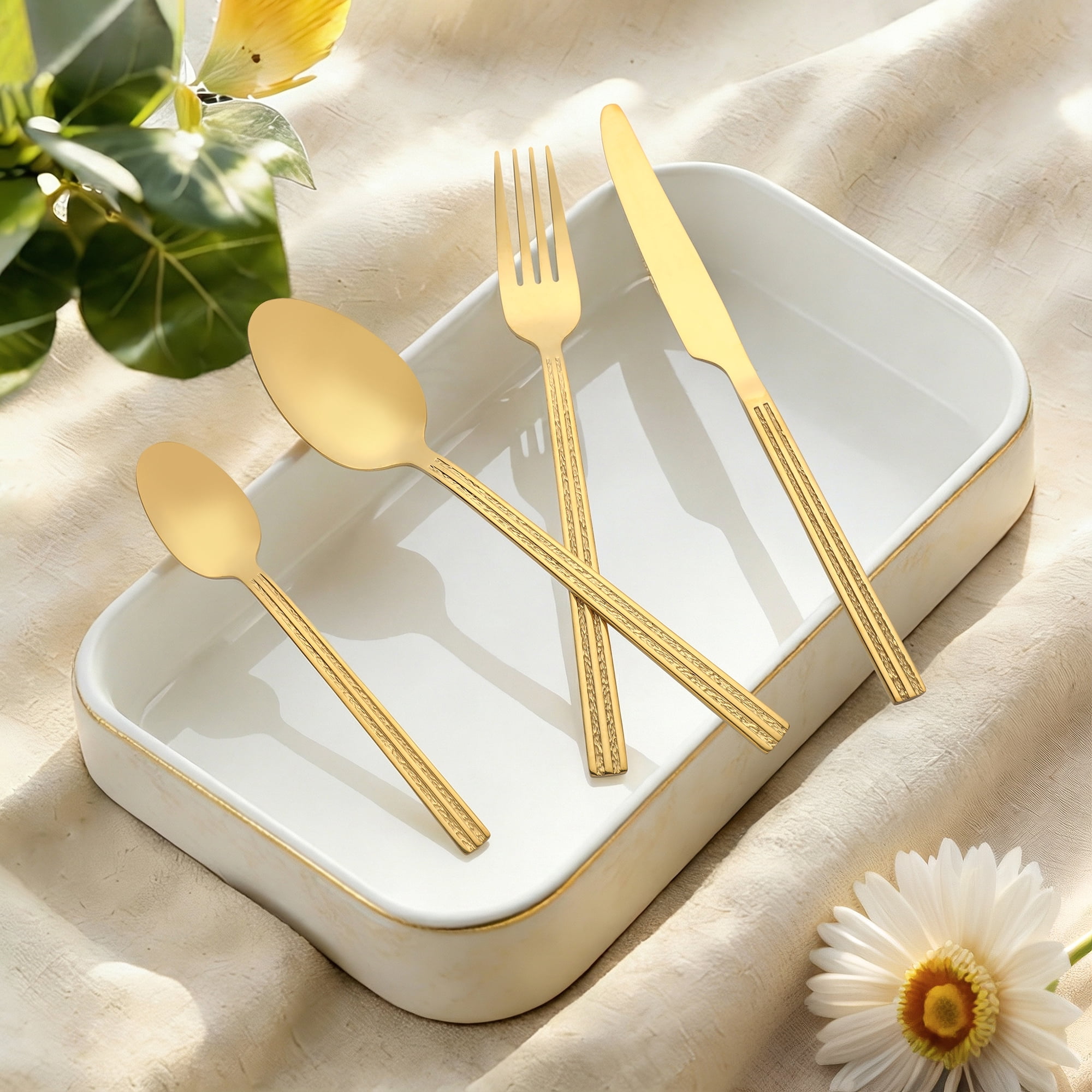 Unique Bargains Stainless Steel Flatware Set Knife, Fork, Spoon 4 Pieces Gold