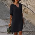 thumbnail image 1 of Lindbes Femmes Casual Robes Été Mode en Vrac Couleur Unie à Manches Courtes Dentelle Épissage Coton Lin Robe Robes, 1 of 7