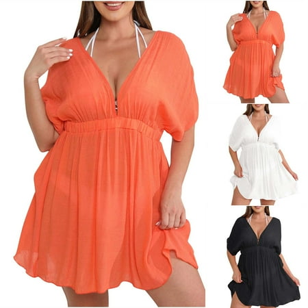 Brnmxoke Women s Plus Size Swimsuit Coverups Bikini Beach Swimwear Cover Up Solid Bathing Suit Cover Ups V Neck Summer Loose Beach Dress Orange XXXL
