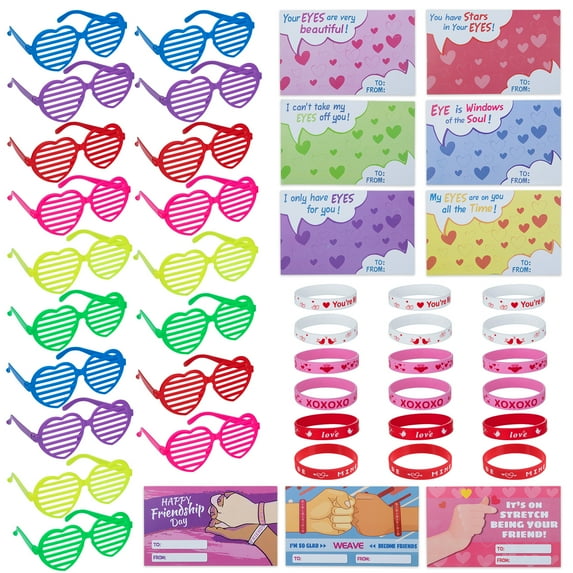 Shininglove 36 Pack Valentines Day Cards with 18 Valentines Glasses Heart Shaped Glasses and 18 Rubber Bracelets for Kids Valentines Party Favors