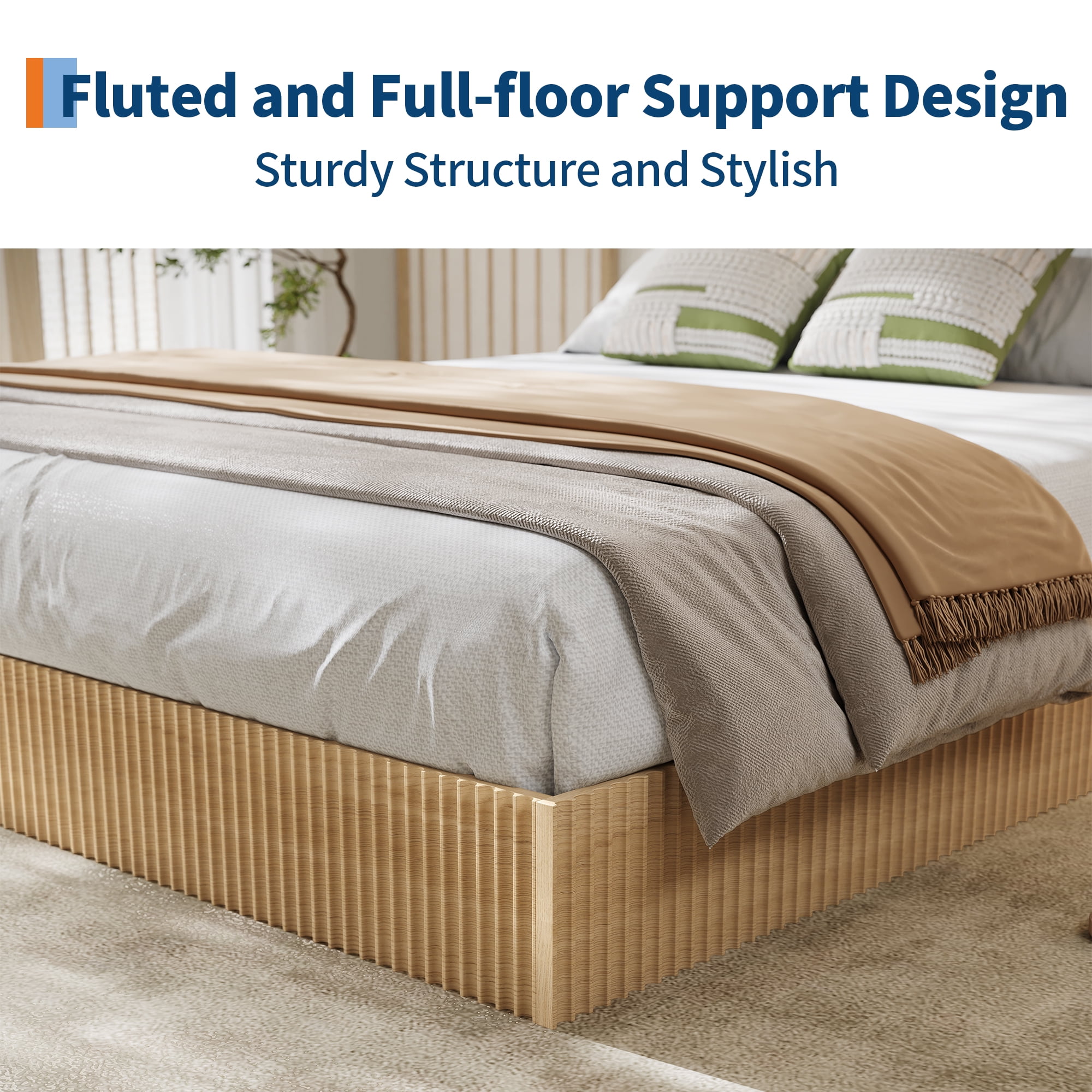 King Size Fluted Bed Frame,Wood Platform Bed Frame with Minimalist Bed Base,Low Profile Design,No Headboard,Noise-Free, Easy Assembly, No Box Spring Needed
