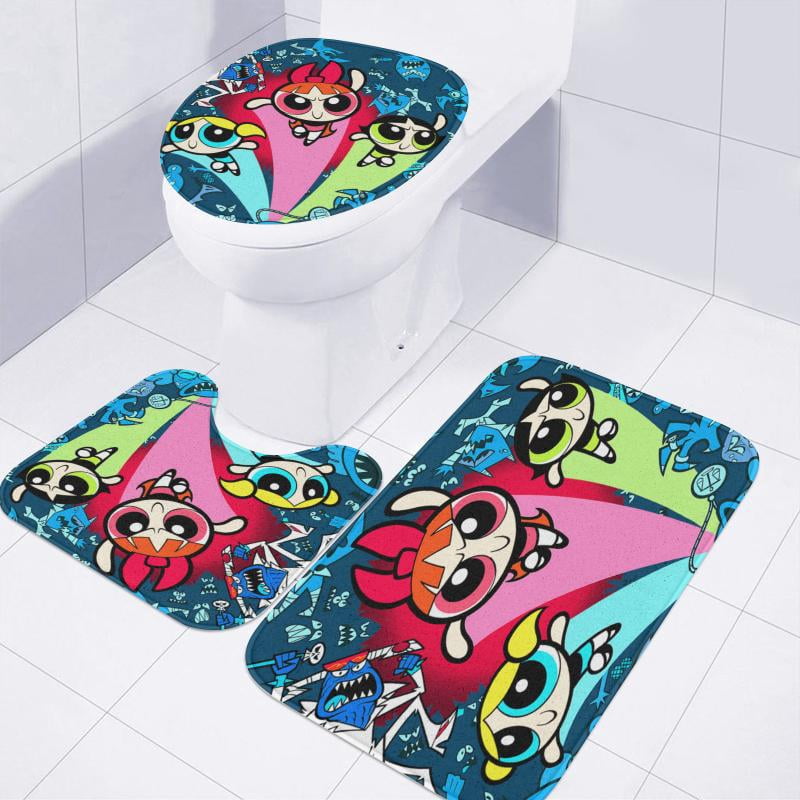 Lheaggik Cartoon Powerpuff Girl 4 Pcs Bathroom Sets with Shower Curtain and Rugs, Waterproof Polyester Shower Curtain Sets with Hooks