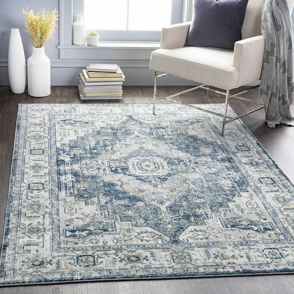 Hauteloom Telina Living Room, Bedroom Bohemian Area Rug - Traditional Oriental Medallion - Blue, Beige, Gray - 5'3" x 7'3"