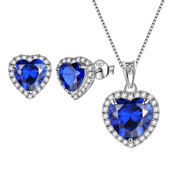 September Birthstone Jewelry Sets Blue Heart Jewelry Set Sapphire Fine Necklace Earrings 925 Sterling Silver Women Birthday Mother's Day Gifts