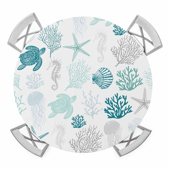 Elastic Fitted Round Tablecloth, Turquoise Coastal Waterproof Stretch Table Cover for 36"-44" Tables, Nautical Summer Beach Coral Sea Turtle Washable Outdoor Tablecloths for Patio, Picnic, Camping