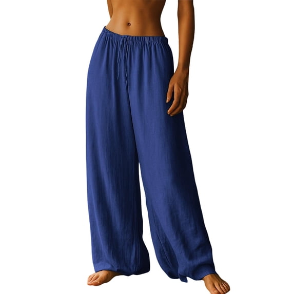 Womens Summer Casual Pants Wide Leg Drawstring Pants Elastic Waist Palazzo Trousers Summer Beach Vacation Comfy Lounge Boho Clothes Blue M