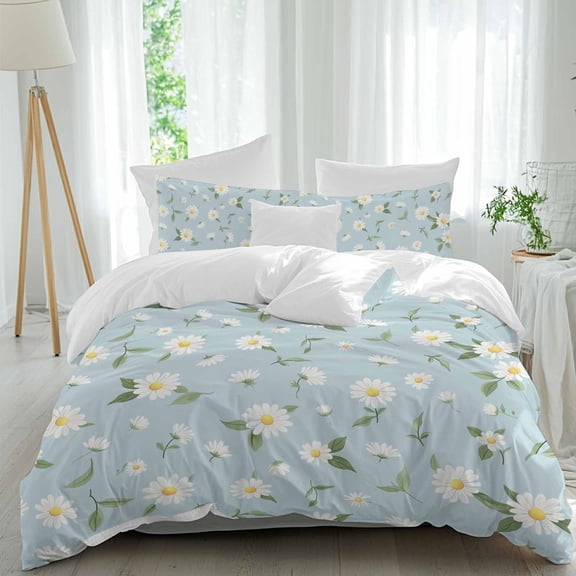 3 Piece White Daisy Duvet Cover Set Queen Size,Microfiber Comforter/Quilt Cover with Corner Ties and 2 Pillowcases,Country Pastoral Spring Botanical Flowers All Season Bedding with Zipper Closure
