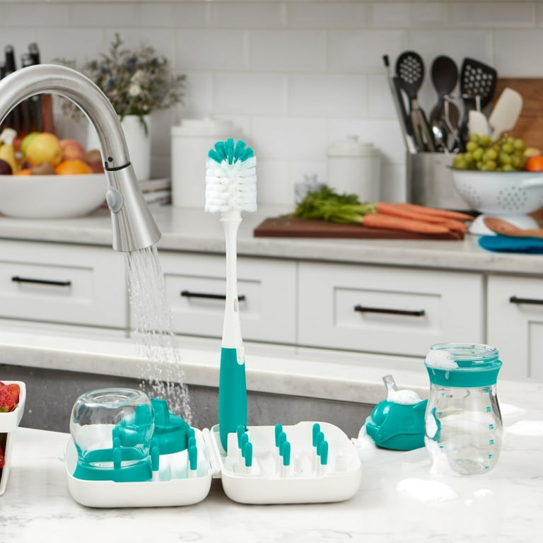 OXO Tot On-The-Go Drying Rack & Bottle Brush With Bristled Cleaner, Teal 