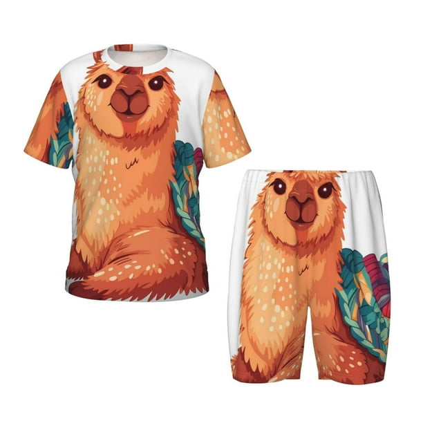 Fotbe Cozy Knitting Llama Pijama Estampada de 2 Piezas para Niños – Ropa de Dormir de Manga Corta Cómoda para Niños y Niñas, Camiseta y Shorts de Algodón-Medium