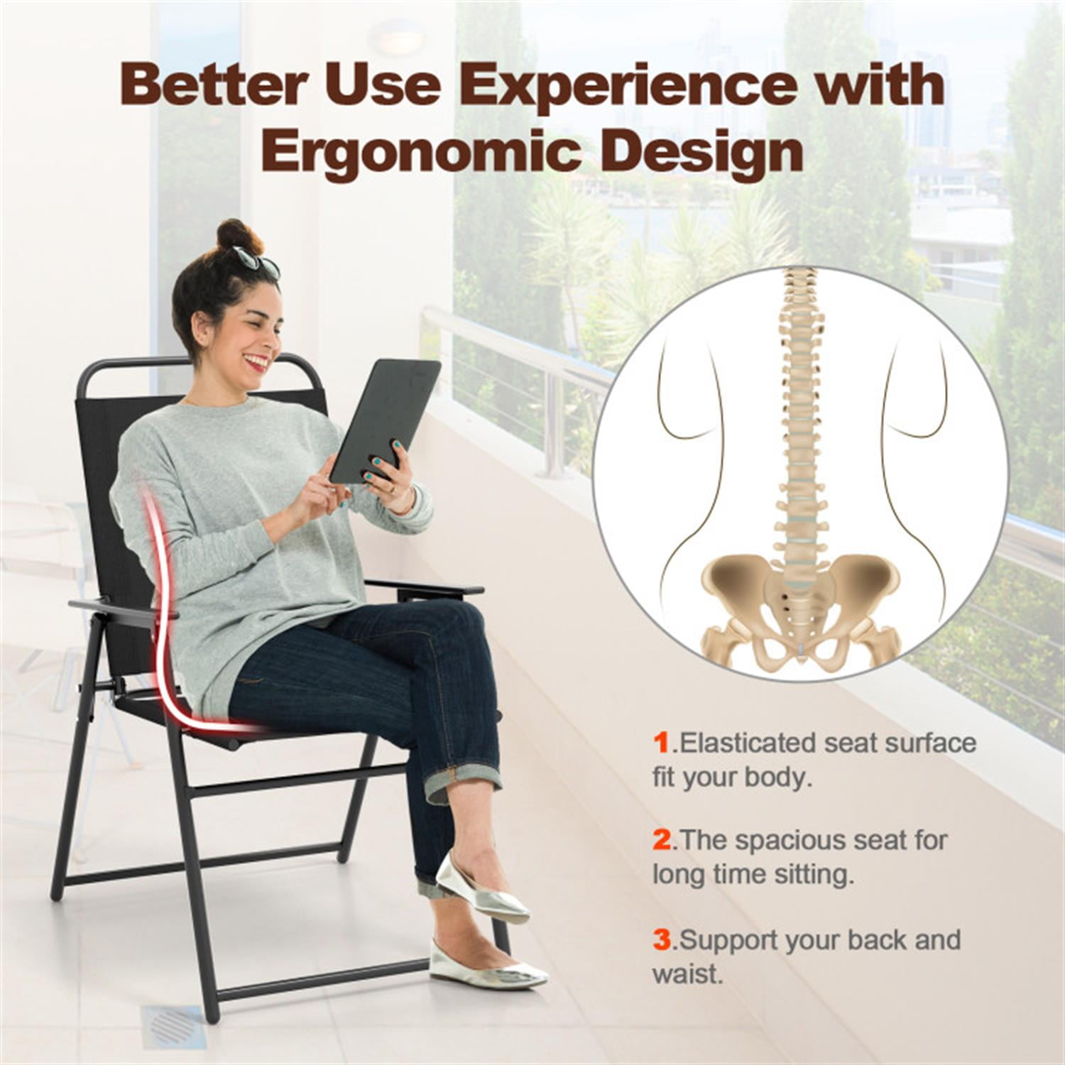 Demi Bonn Outdoor Folding Sling Chairs Set of 2 with Armrest and Backrest, Outdoor Accent Furniture Lounge Chairs for Yard, Garden, Patio, Black