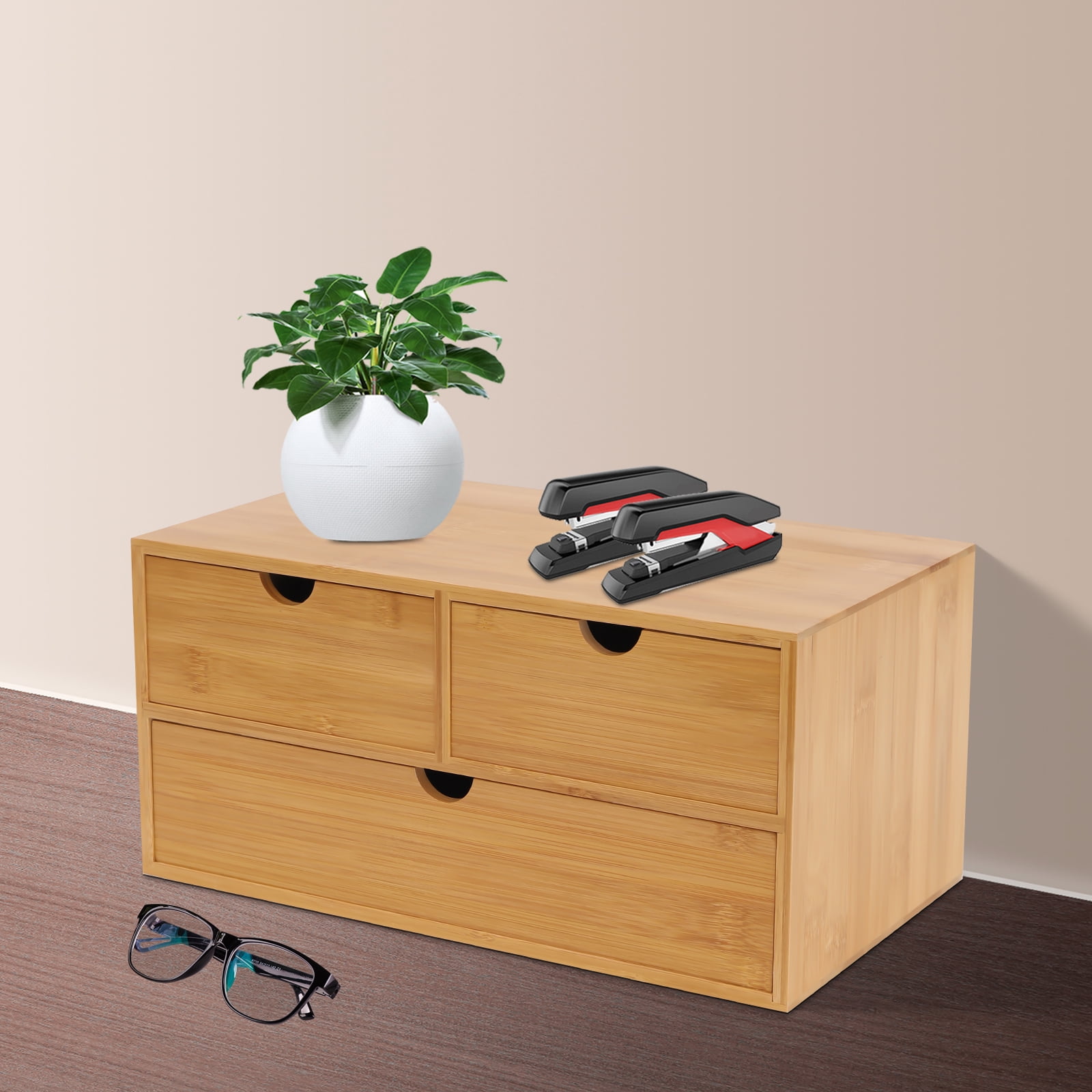 Dwellnix Tabletop Mini Bamboo Desk Bamboo Desk OrganizerDrawer Storage Box W 3 Drawers