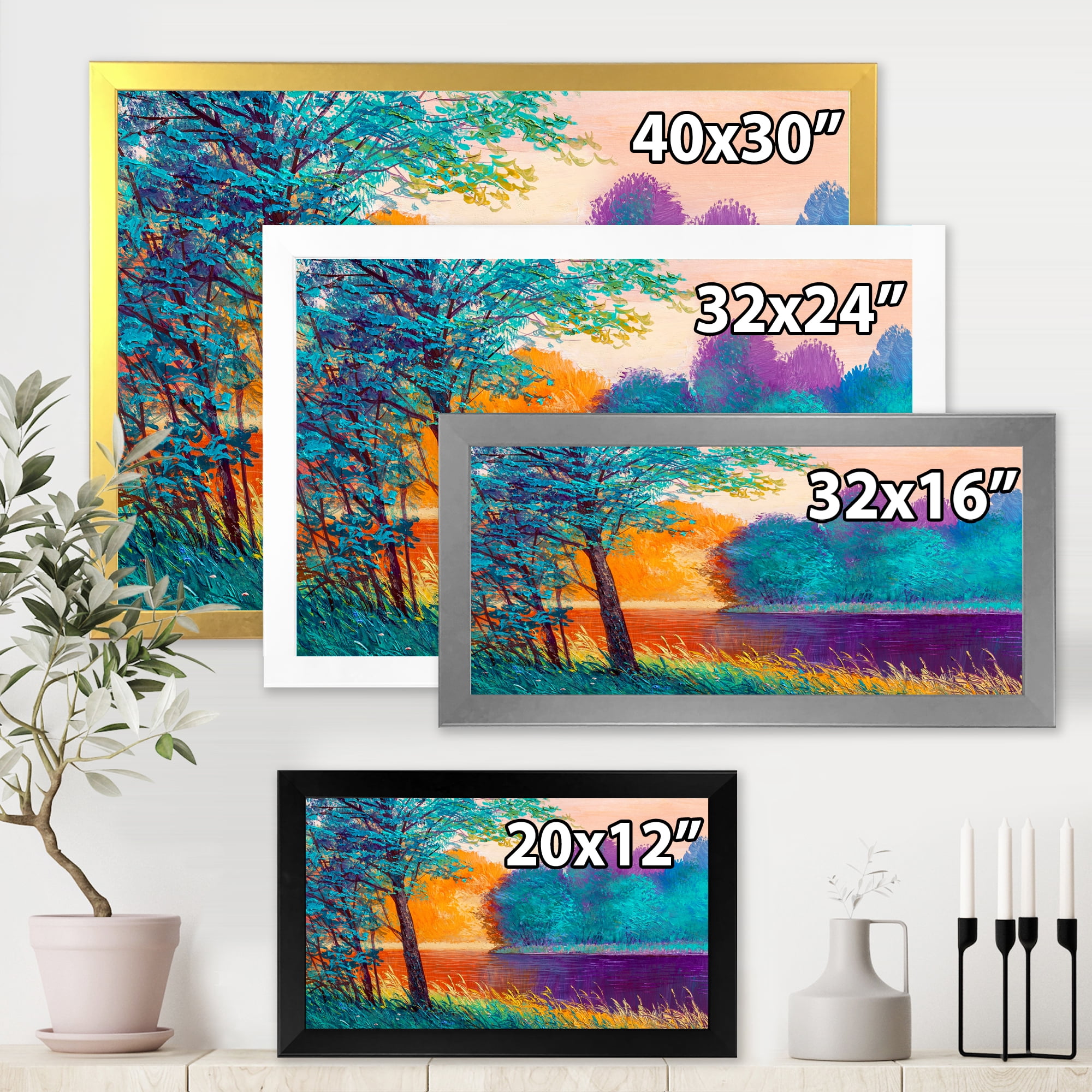 Colorful Trees During Twilight Along River 40 in x 30 in Framed Painting Canvas Art Print, by Designart