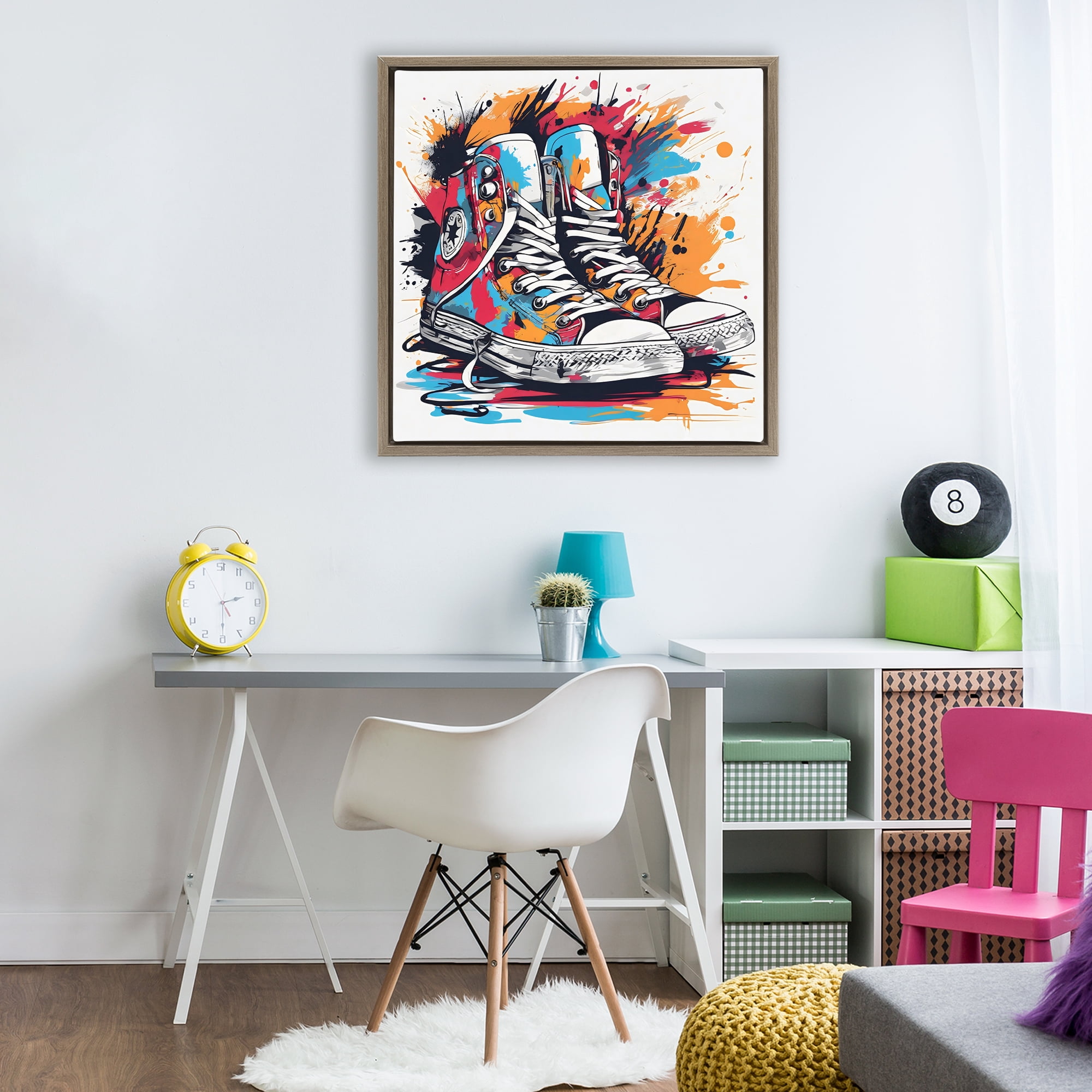 Stupell Industries Colorful Sneakers Graffiti Splash Brown Framed Floater Canvas Wall Art, design by Creative Studio