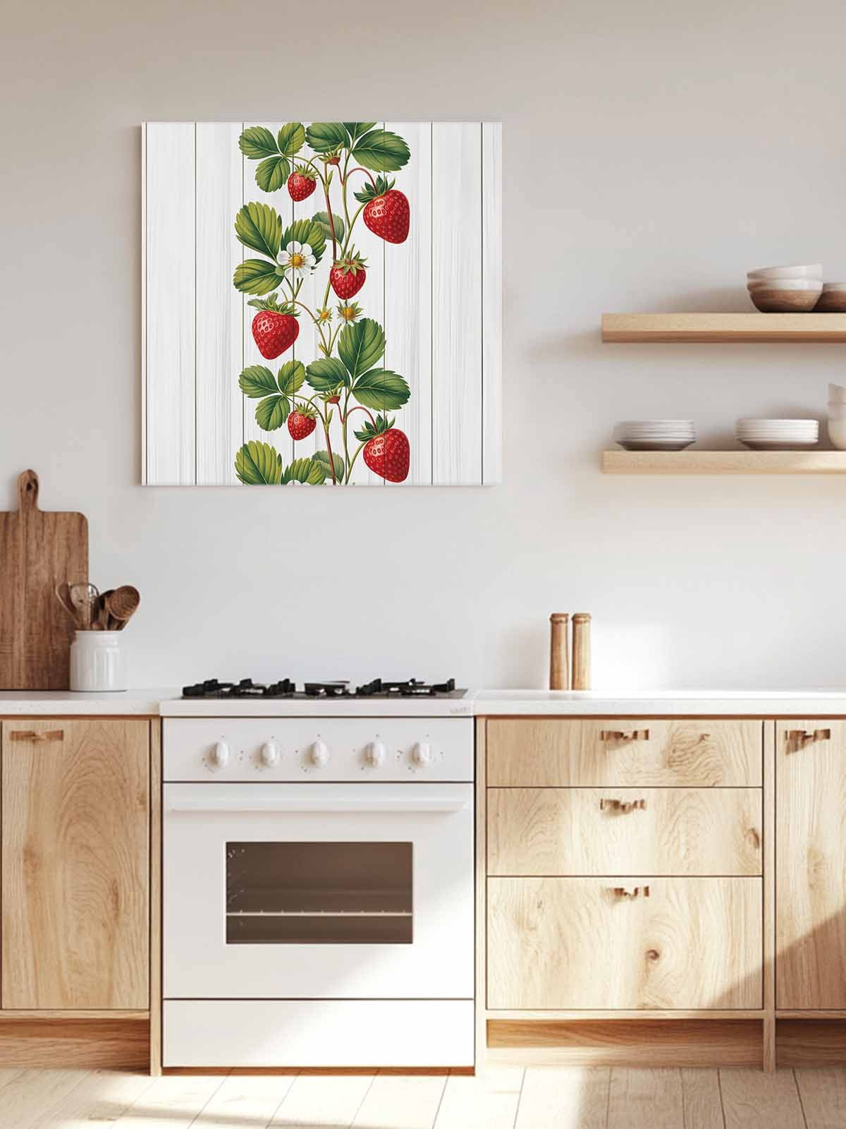 Strawberry Canvas Wall Art, Vintage Country Strawberry Leaf White Wood Grain Framed Wall Decor Modern Artwork Prints Painting for Living Room, Bedroom, Kitchen & Cafe Decor 16x16 Inch