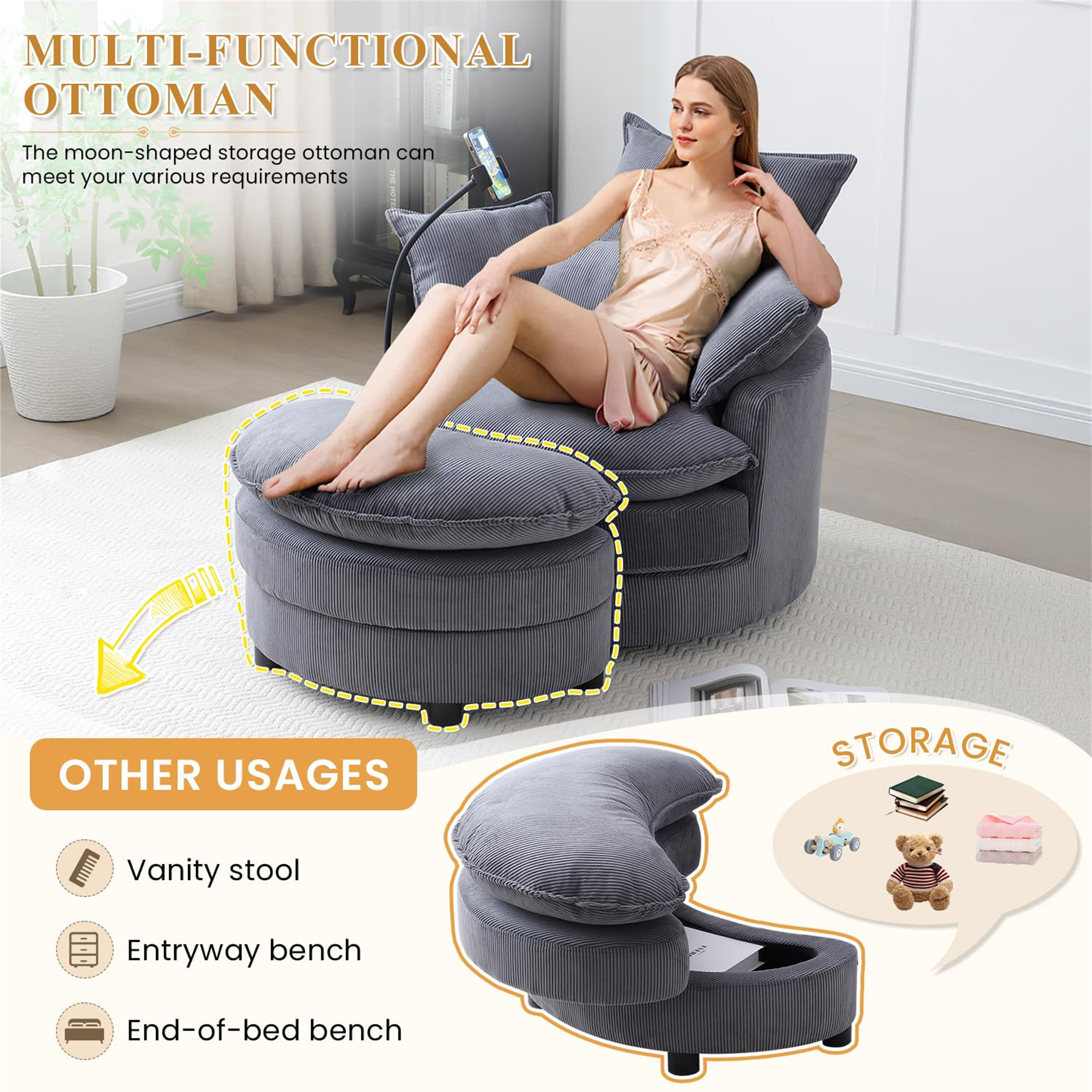 Aukfa Swivel Accent Chair 36" Oversized Barrel Chair with Storage Ottoman & Phone Holder for Living Room, 4 Pillows, Gray