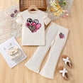 thumbnail image 2 of Wxirdiow Teen Outfits Girls 2PCS Outfit Set Short Sleeve Tops & Flare Pants with Heart Print Casual Girl Clothes Beige Size,7-8 Years, 2 of 7