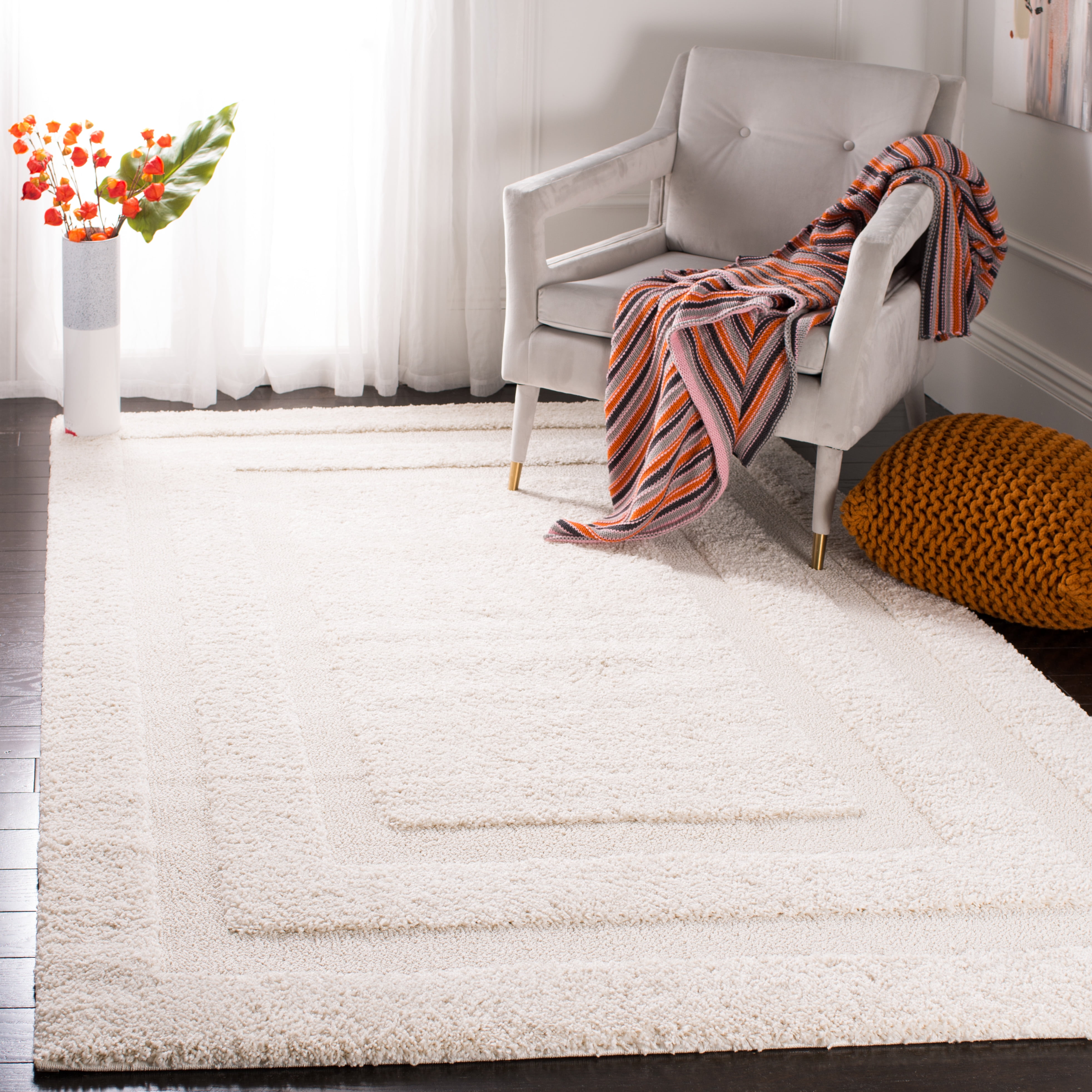 SAFAVIEH Florida Mason Bordered Shag Area Rug, Creme, 2' x 3'
