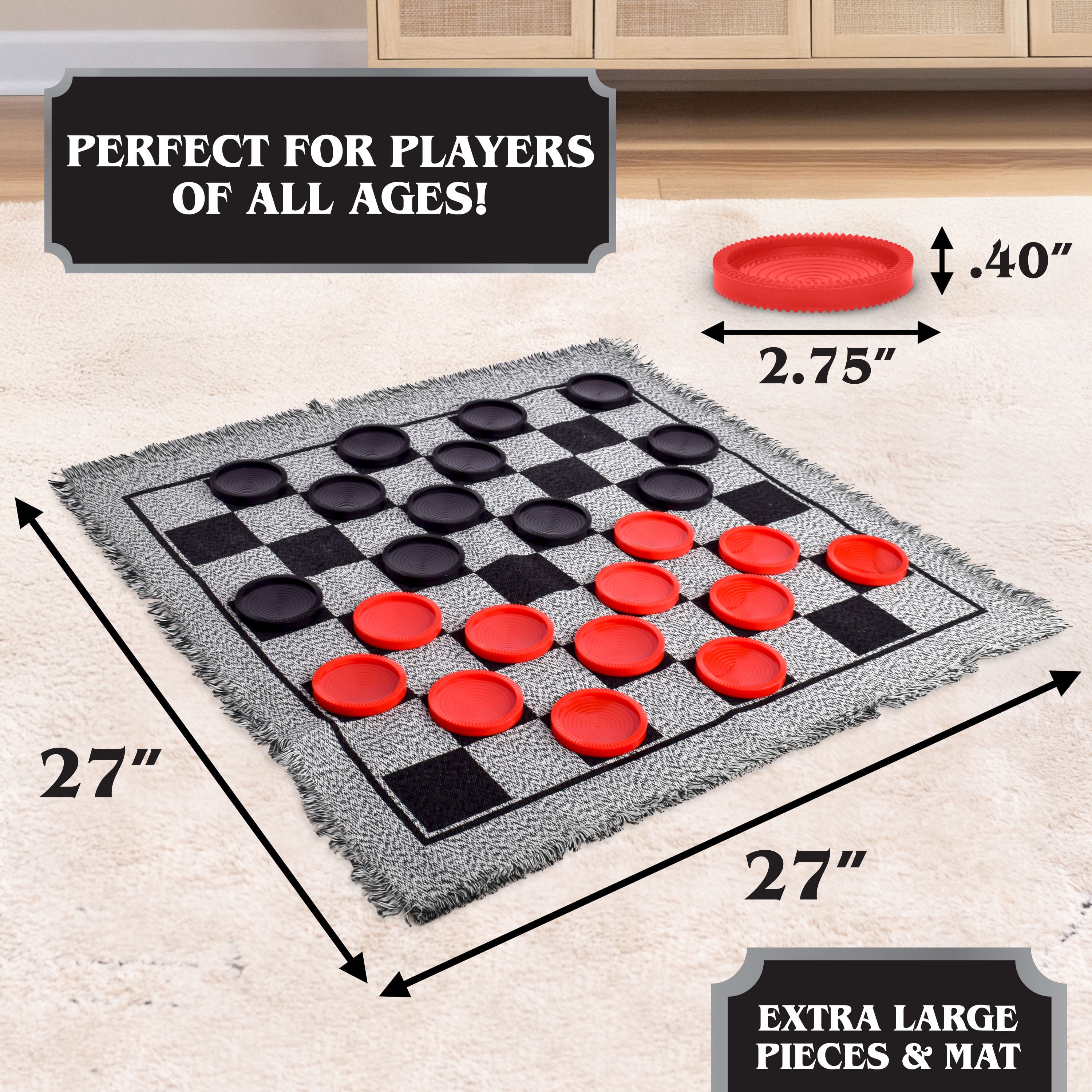 Elbow Room Games Jumbo Checkers Set with Double Sided Cloth Mat and Storage Bag – Includes 25 Extra Large Play Pieces for Outdoor & Indoor Family Events, Includes Tic Tac Toe Bonus Game