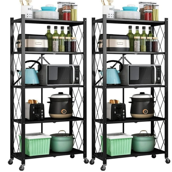 Baokaler 2 Pack 5-Tier Foldable Storage Shelf-Metal Collapsible Shelving Unit Display with Wheels, Rolling Cart for Books Kitchen Storage Shelves, Office Room Decor Black