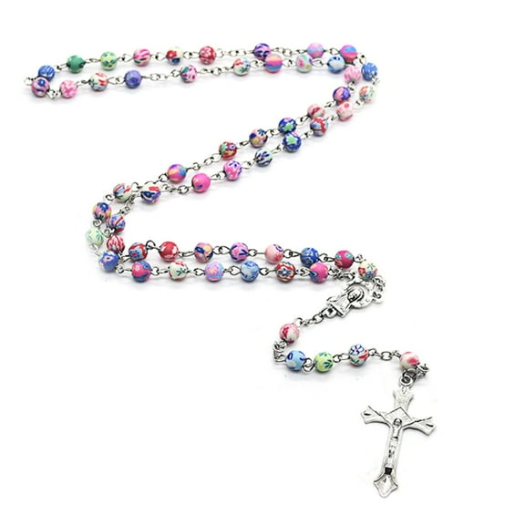 ZUARFY 6mm Round Ceramic Beads Rosary Necklace Polymer Clay Cross Catholic Necklaces