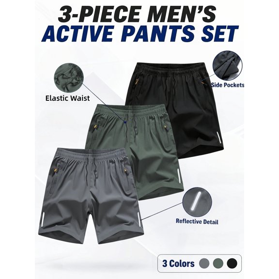 3 Pack Men's Athletic Pants, Short Length Quick Dry Sports Pants with Zipper Pockets Elastic Waist for Running Workout Casual Wear