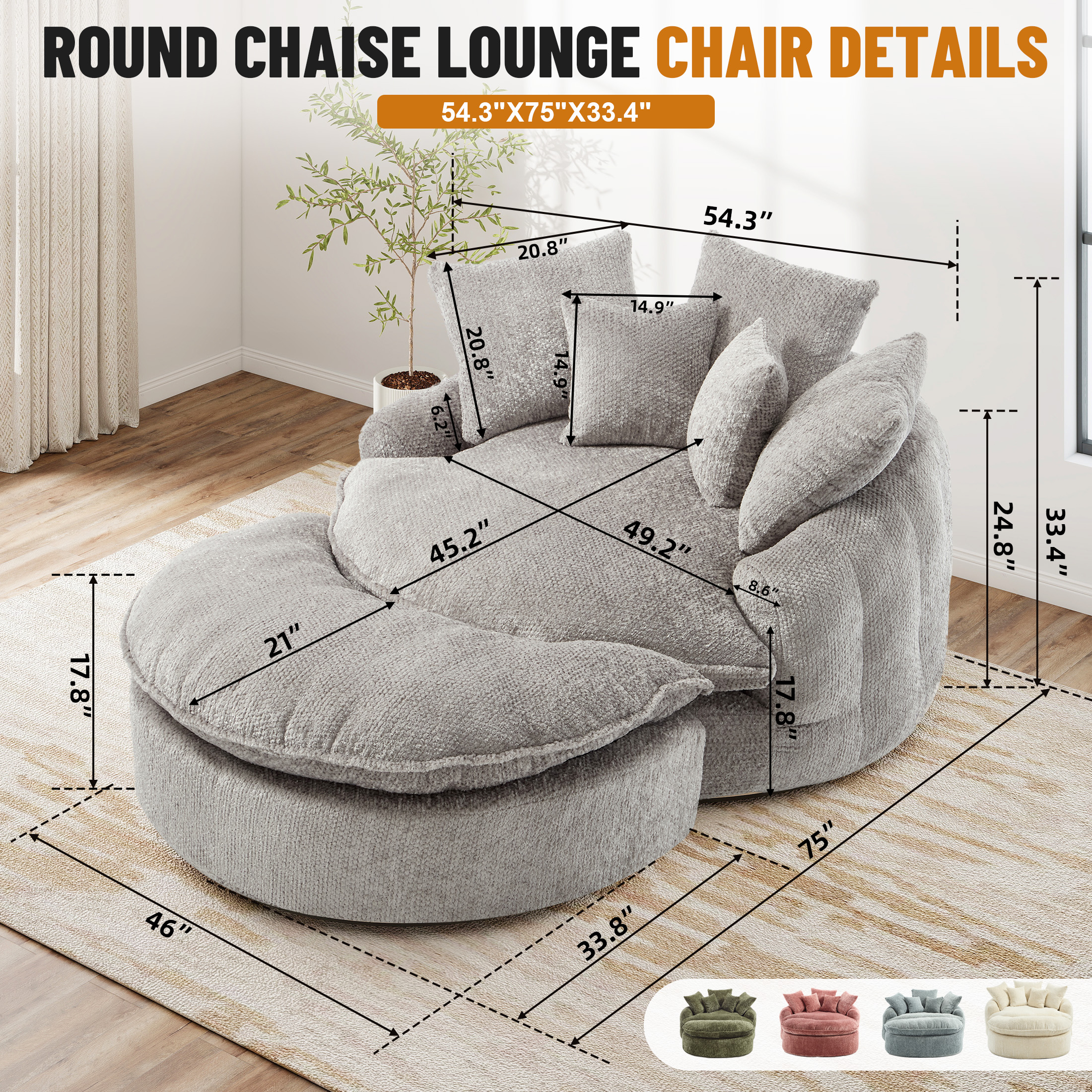 Aukfa 75" Oversized Round Chaise Lounge Chair with Half Moon Ottoman, Boneless Cloud Circle Deep Seat Sofa Set for Living Room, 5 Pillows, No Assembly Required, Light Gray