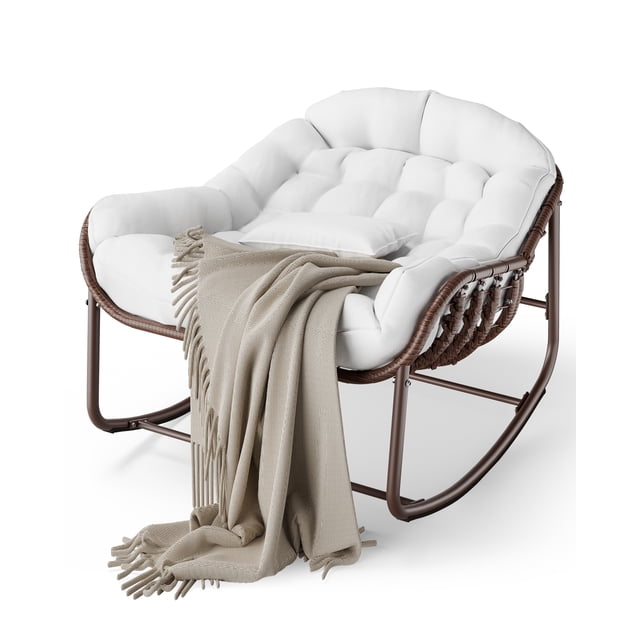 Indoor/Outdoor Rocking Chair, Patio Wicker Egg Chair, Indoor Comfy Oversized Papasan Chair with Padded Cushion, Royal Rattan Rocker for Front Porch, Garden, Patio