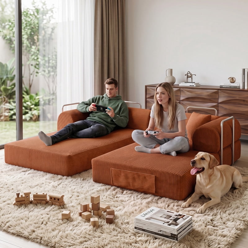 Anpport 78.8" Compression Boneless Sectional Sofa, Convertible Floor Sleeper Bed with Pillow Back Armrest, Corduroy Fabric, Tangerine, for Living Room Bedroom