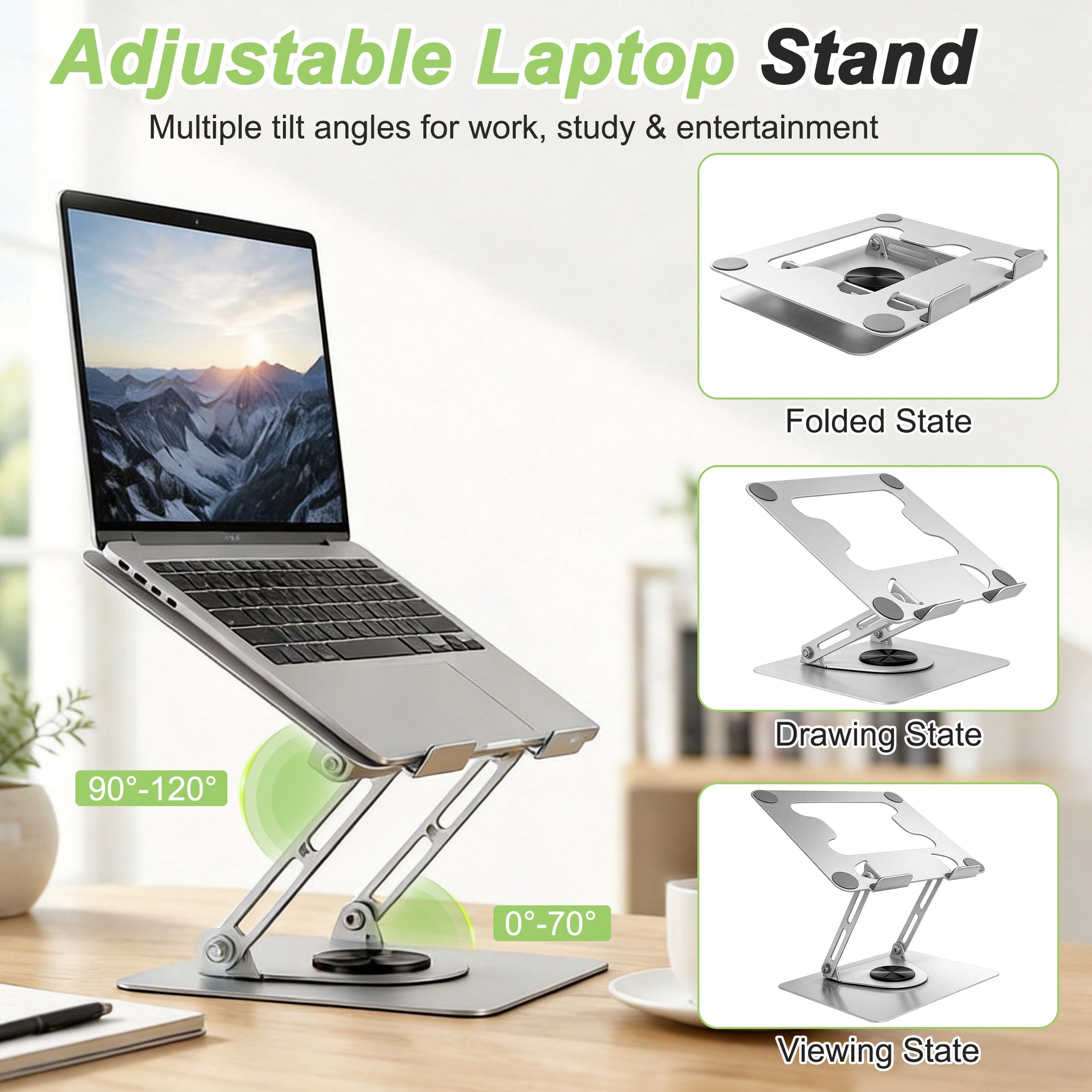 GARITIN 360° Rotating Laptop Stand for Desk, Height Adjustable Metal Ergonomic Laptop Riser with Swivel Base, Foldable Ventilated Computer Stand for Desk Home Office