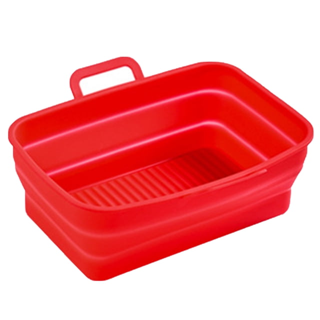 Silicone Baking Pan Foldable Fryer Pot Heighten Edge Dual Handle Design Reusable Fryer Liner Basket for Home Red