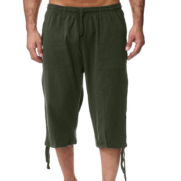 CONZONE Mens Baggy Linen Capri Pants Wide Leg Pants for Men Trendy Elastic Waist Drawstring Solid Soft Casual Joggers Pant With Pockets