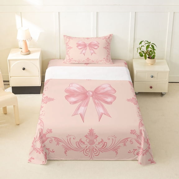 spefrowx Vintage Pink Bow Twin Sheets for Women Girls, Boho Damask Floral Bedding, 3pcs, 1 Flat Sheet, 1 Fitted Sheet and 1 Pillowcase