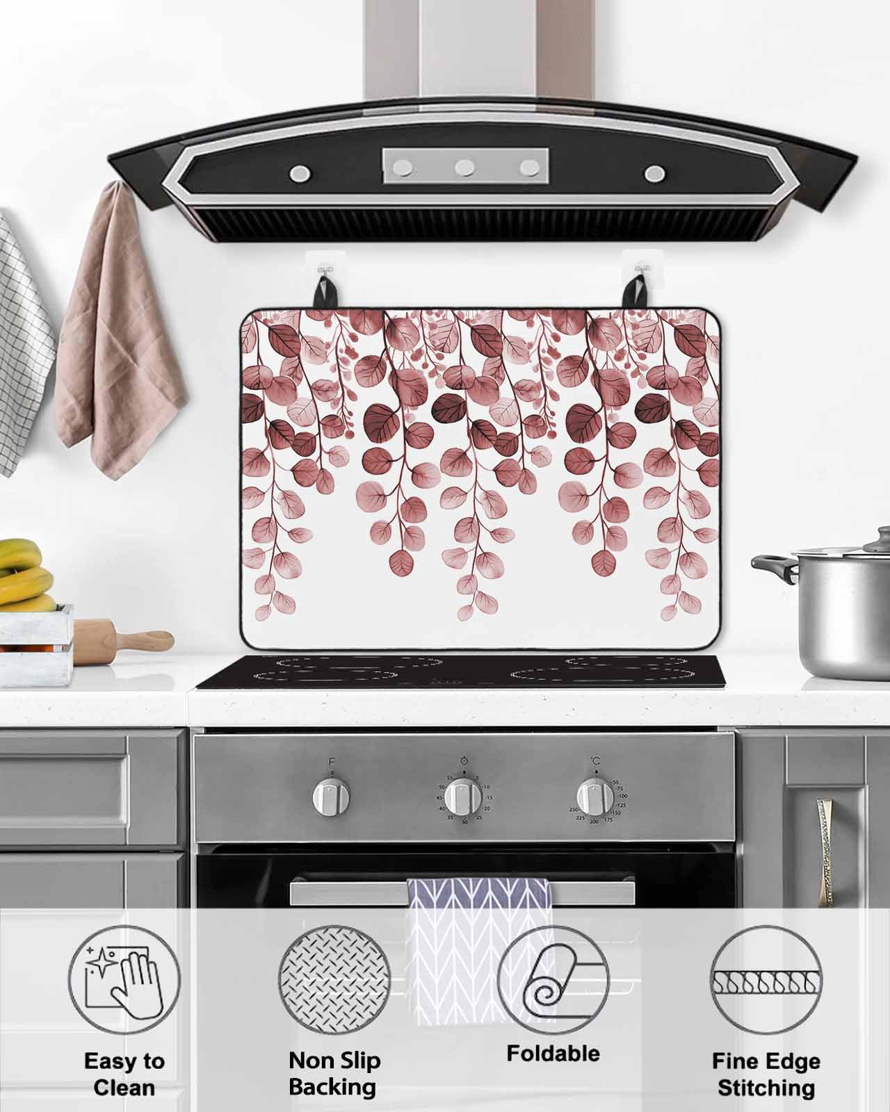 nqOlkjepod Large Induction Cooktop Protector Mat 36"x21", Red Eucalyptus Leaves Stove Top Covers for Electric Stove, Watercolor Floral Leaf Plants Stove Burner Cover Mats, Glass Top Stove Cover