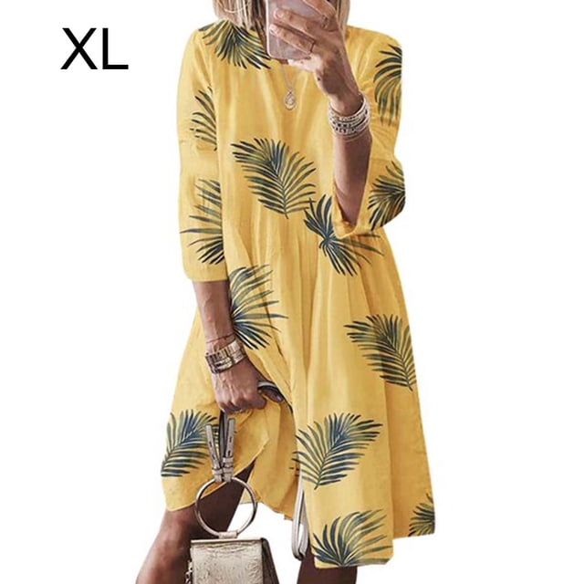 Vestido Mujer Vestido Estampado Vintage Manga 3/4 Paño De Cuello Redondo, Amarillo Hoja, XL kenally AP002219-44