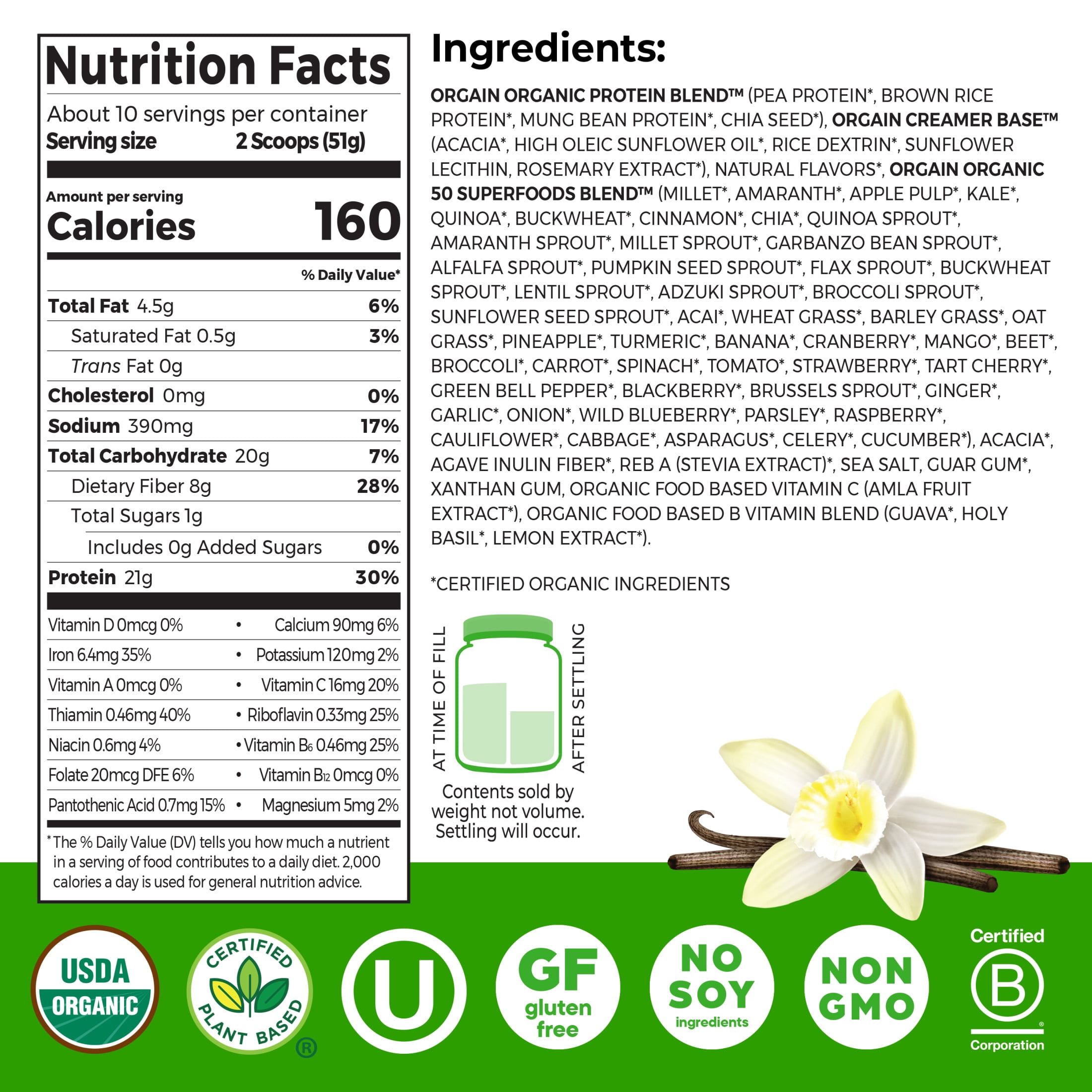 Orgain Organic Vegan 21g Protein + 50 Superfoods Powder, Plant Based Shake Drink, Vanilla Bean 1.12lb
