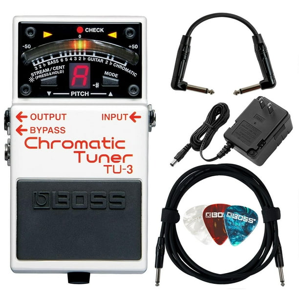 Boss TU-3 Paquete de pedal de afinador cromático con fuente de alimentación Gearlux, cable de instru