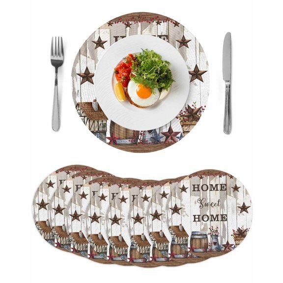 Farmhouse Round 15 Inch Placemats Set of 8, Retro Country Star Berry Vintage Wood Grain HeatResistant Non Slip Place Mats for Dining Table, Wipeable Braided Kitchen Table Mats for Housewarming