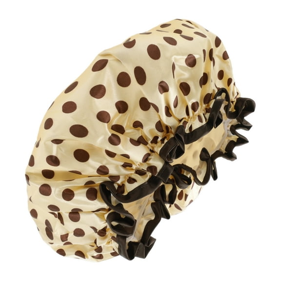 1 Pc Women Double Layer Large Dots Shower Cap for Bathroom Vacation Travel Brown Satin PEVA