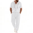 thumbnail image 2 of Eryao Mens Linen 2 Piece Beach Set Short Sleeve Button Down Hoodies and Elastic Waist Drawstring Pants with Pockets Summer Vacation Lounge Sets,White,S, 2 of 8