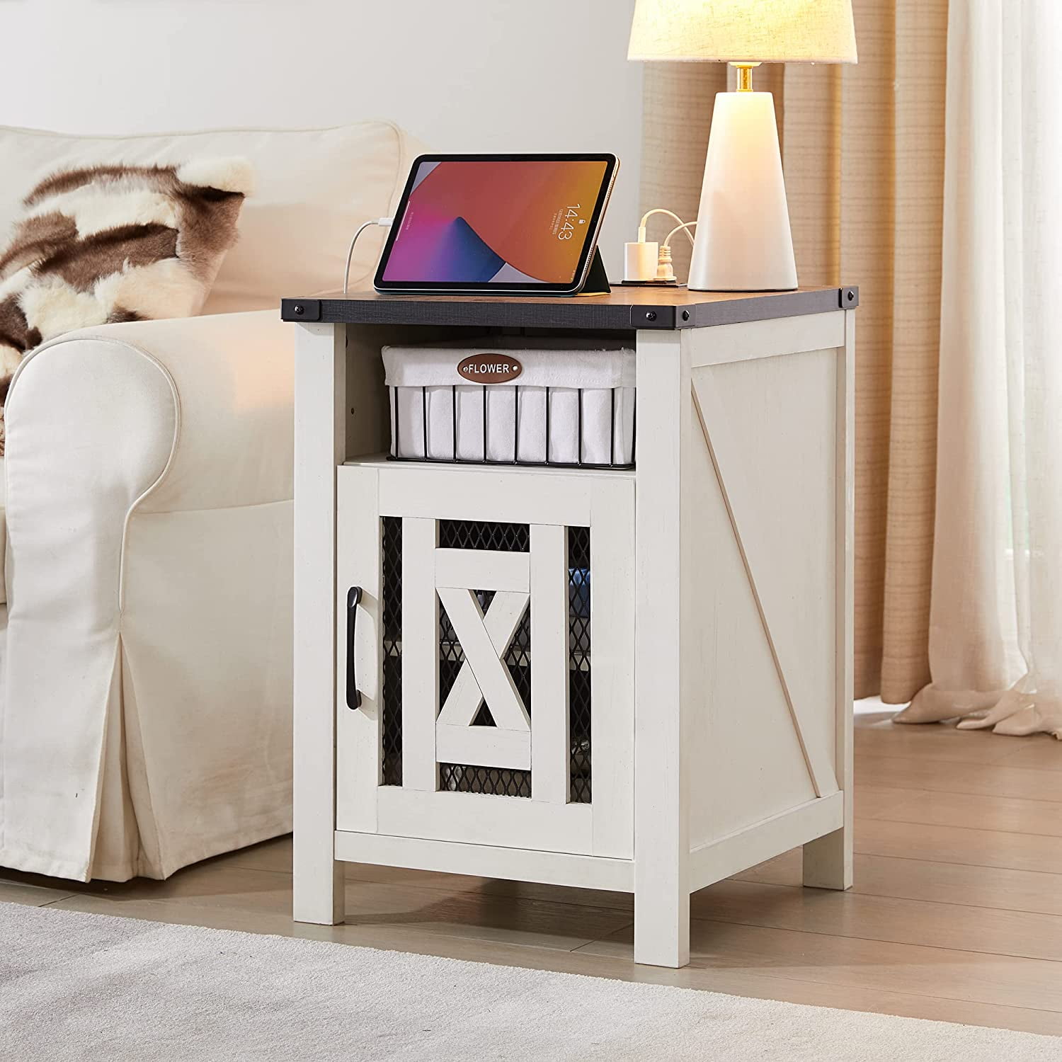 T4TREAM End Table with Charging Station, White Beside Table with