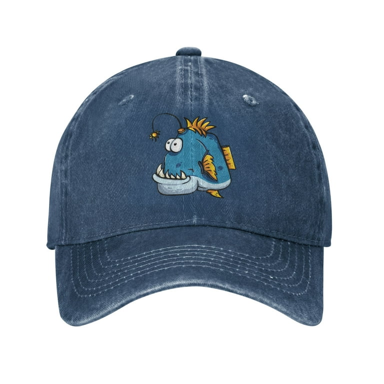 DouZhe Adjustable Washed Cotton Baseball Cap - Cartoon Fish Angler Prints  Vintage Dad Hat Unisex Sports Caps (Blue) 