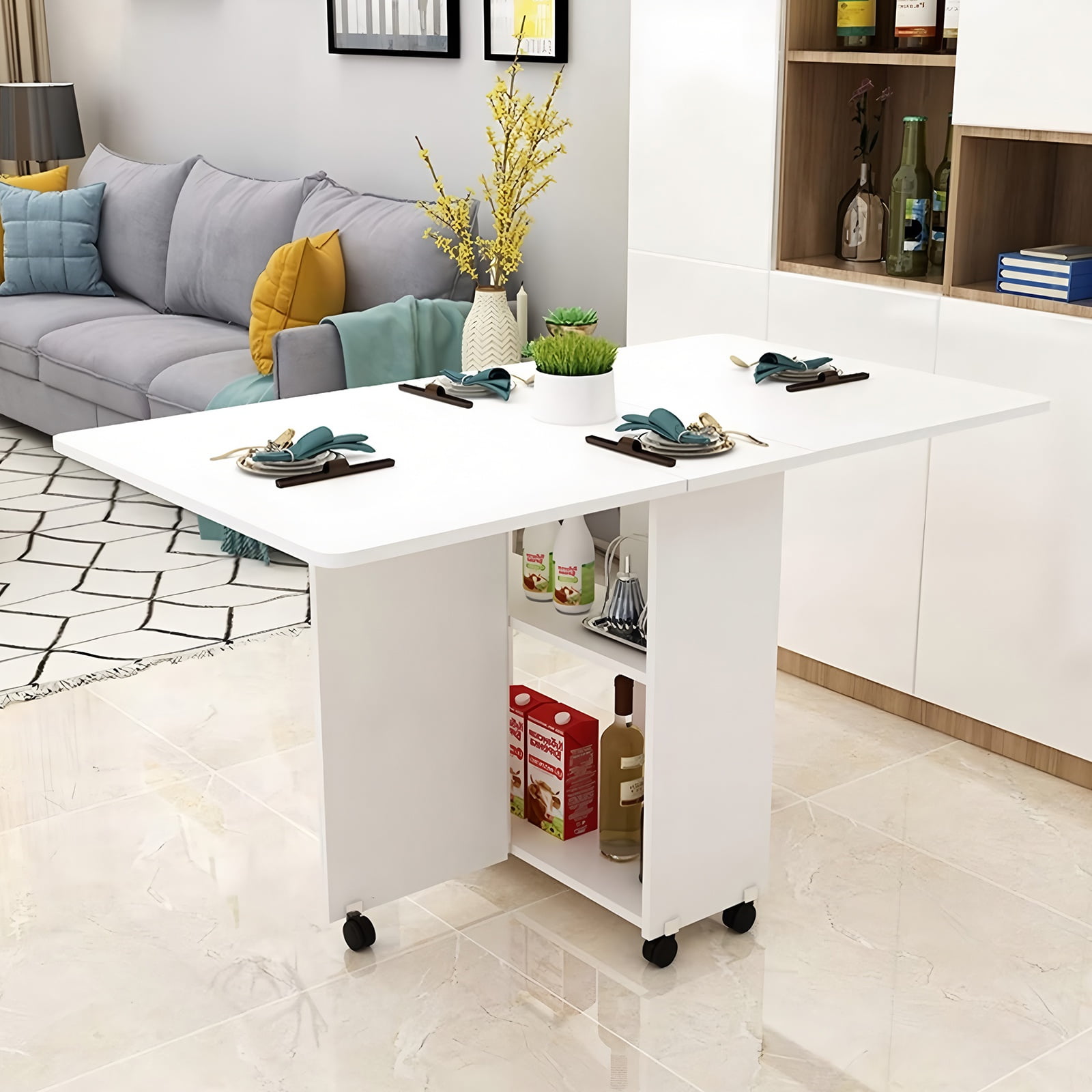 PORKISS Folding Dining Table, Space Saving Versatile Dining Room Table, Folding Kitchen Table with Wheels, Storage Shelf for Small Apartment, White (Only Table)