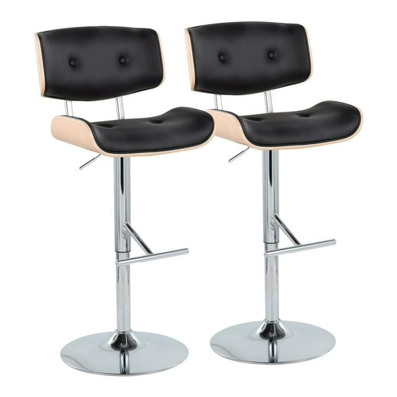 LumiSource Chrome Metal, Natural Wood, Black PU Lombardi Adjustable Barstool - Set of 2