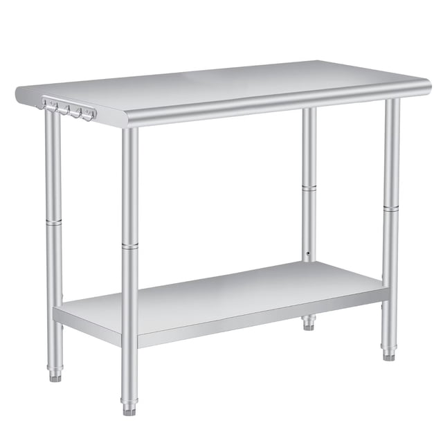 Ourlova 48x24 Inch Stainless Steel Work Table with Hooks for Prep and Work Commercial Stainless Steel Kitchen Island with Adjustable Undershelf for Restaurant Home and Hotel
