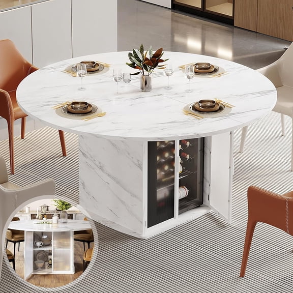 47" Round Dining Table with Storage, White Faux Marble Kitchen Tables for 4-6 People, Modern Dining Room Table with Fridge Space, Wood Circle Dinner Tables for Home, White Marble, Only Table