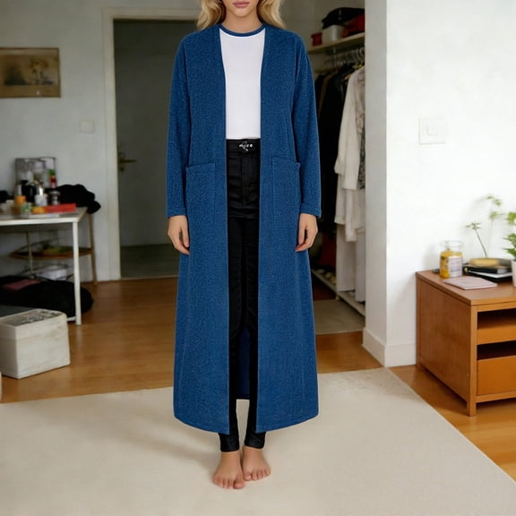 ZVAVZ Extra Long Cardigan for Women Cotton Maxi Open Front Cardigans Lightweight Plus Size Knit Cardigans Casual Cardigans Duster with Pockets Blue S
