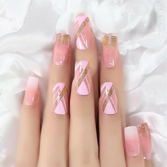 24pcs French Fake Nails Pink French Fake Nail Tips Kit Full Cover Artificial Fingernails Kit 12 Sizes Short by TWSOUL