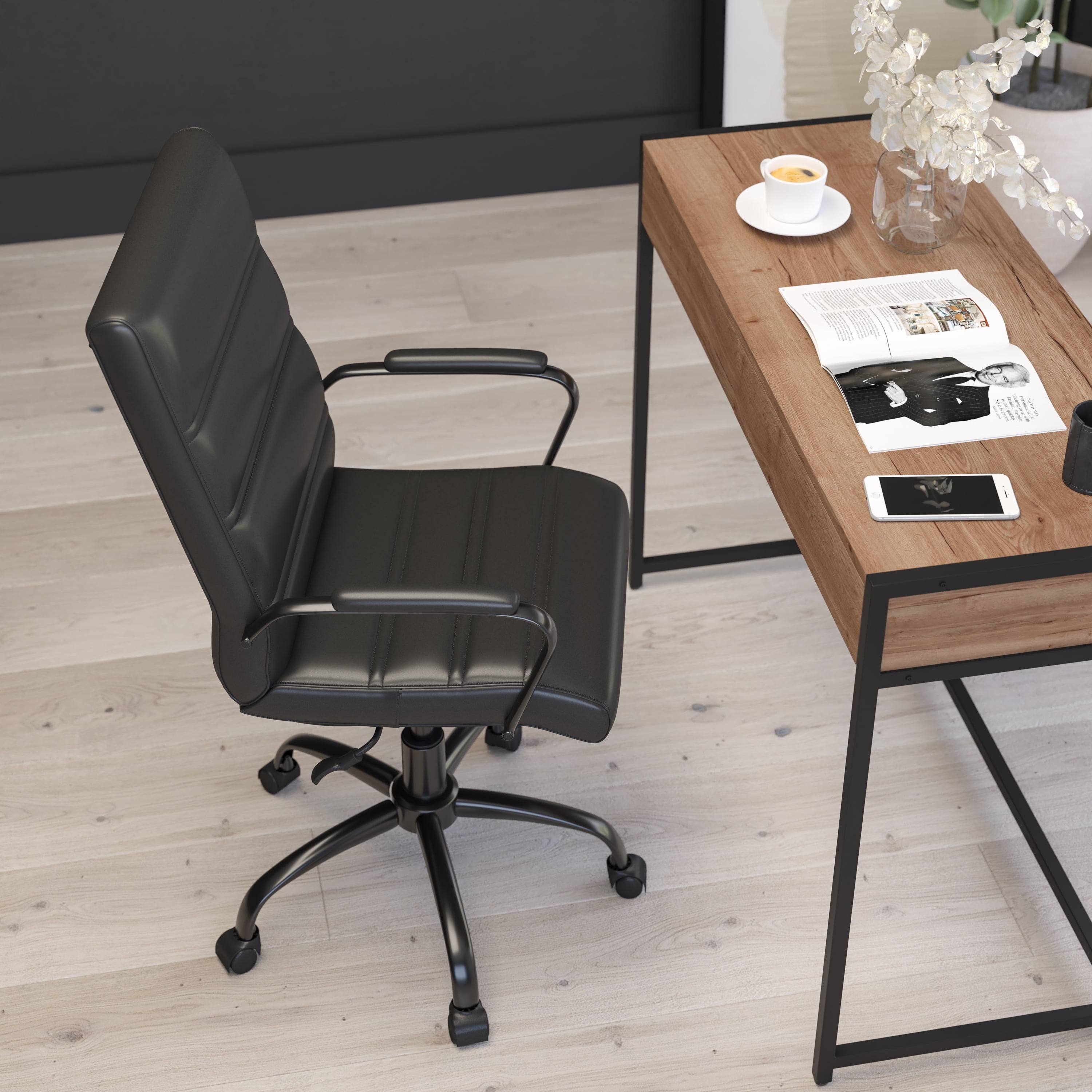 Merrick Lane Contemporary Mid-Back Black Faux Leather Home Office Chair with Padded Black Arms