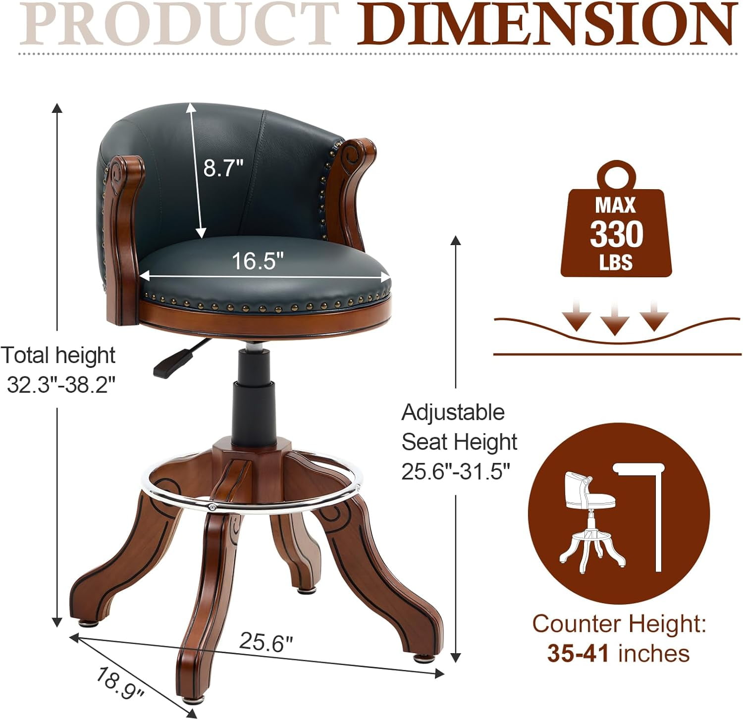 AULIFE Adjustable Height Swivel Bar Stool with Full-Grain Leather, Solid Wood Frame and Footrest–Modern Design for Kitchen Island, Counter, or Home Bar