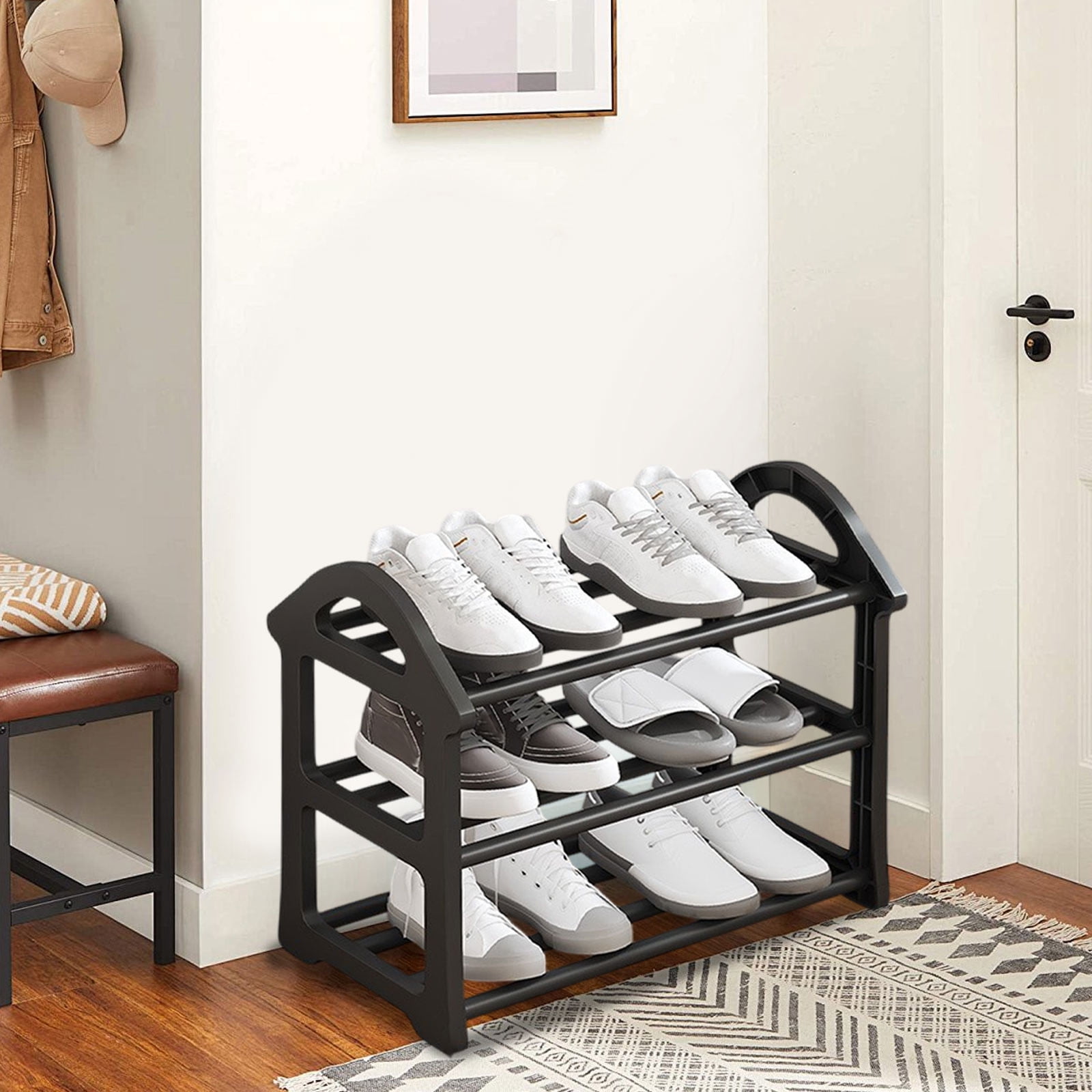 Merryso 3 Tier Plastic Shoe Rack, Black Shoe Organizer for Entryway, Closet & Bedroom, Easy Install Small Shoe Storage with Slatted Ventilated Design, Space Saving Shoe Holder